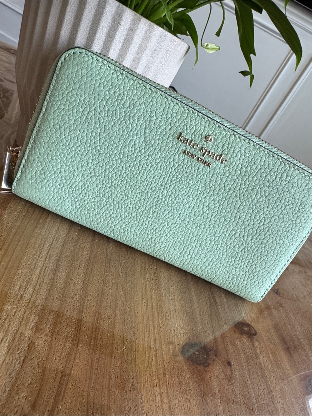 kate spade pebble leather zip wallet in mint green